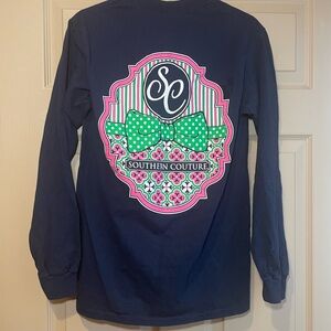 Southern Couture Women’s Navy Long Sleeve Tee, Pink and Green Details Size Small